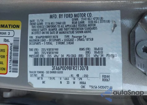2015 Ford Fusion Titanium z USA, uszkodzony, nr VIN 3FA6P0D98FR213078
